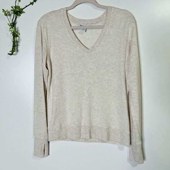 Athleta Oatmeal Ivory Cream Heathered V Neck Pullover Sz SM Sweatshirt - Picture 1 of 5